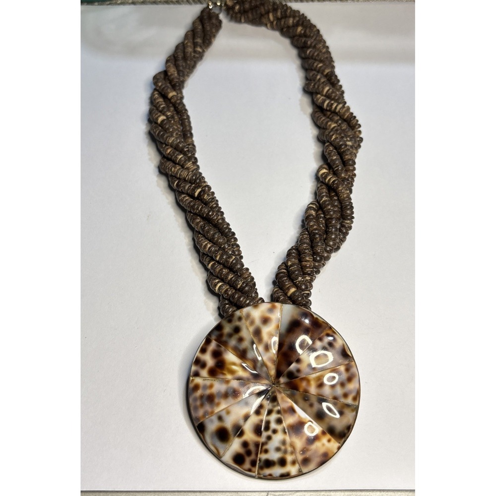 Natural Cowrie Shell Mosaic Pendant Multistrand Boho Statement Necklace Brown